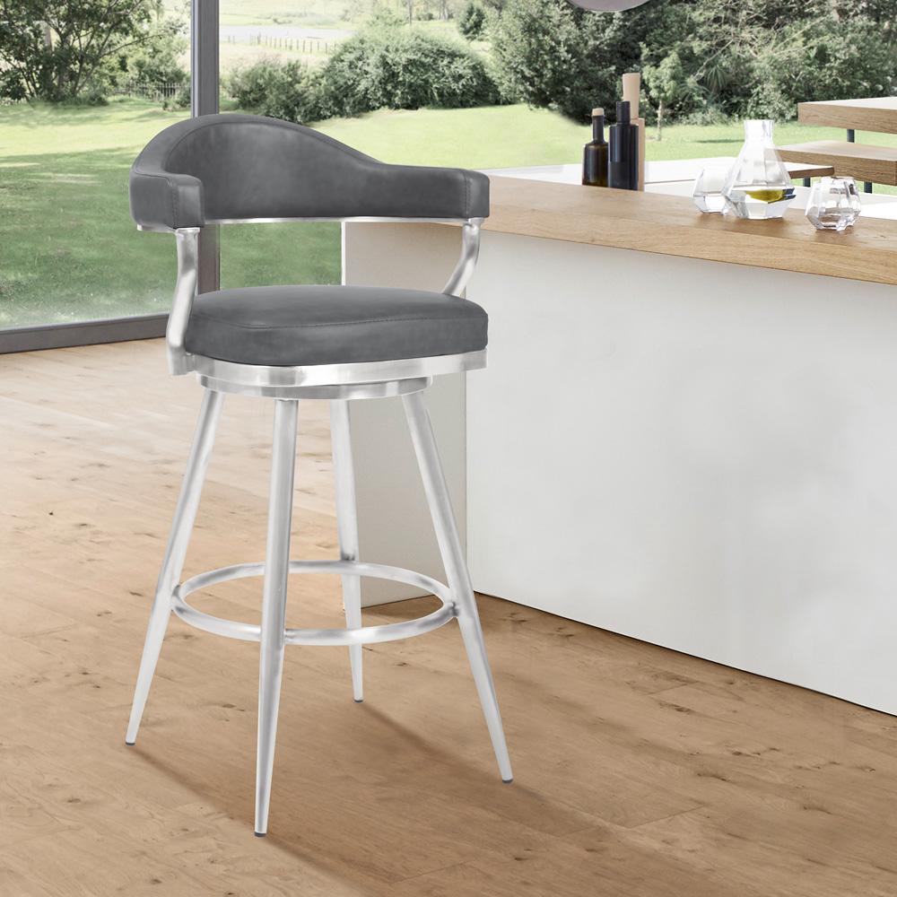 Armen Living - Justin 26in Counter Height Swivel Vintage Grey Faux Leather Bar Stool with Brushed Stainless Steel Legs - LCJTBABSVG26 veiw 6