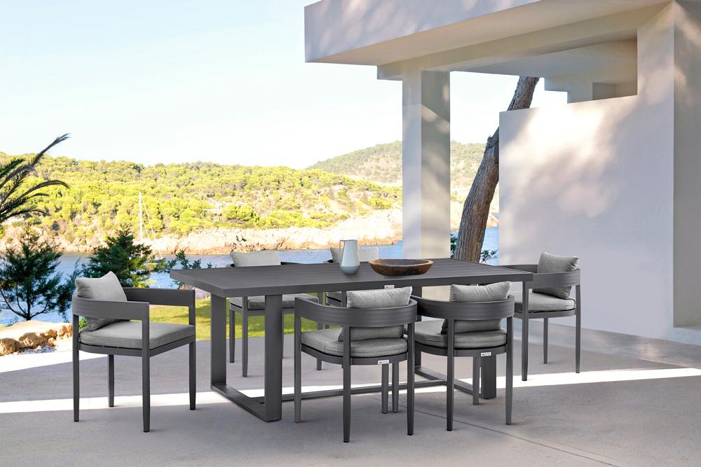 Armen Living - Menorca Outdoor Patio 7-Piece Dining Table Set in Aluminum with Gray Cushions - SETODME7BLGRY veiw 8