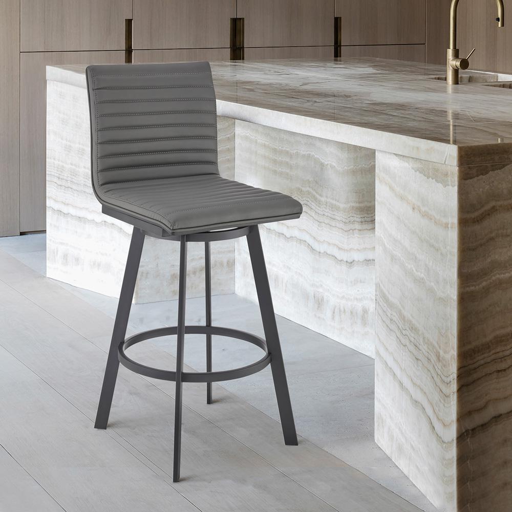 Armen Living - Nikole 26in Counter Height Swivel Bar Stool in Matt Black Finish with Gray Faux Leather - LCNKBABLBLGR26 veiw 9