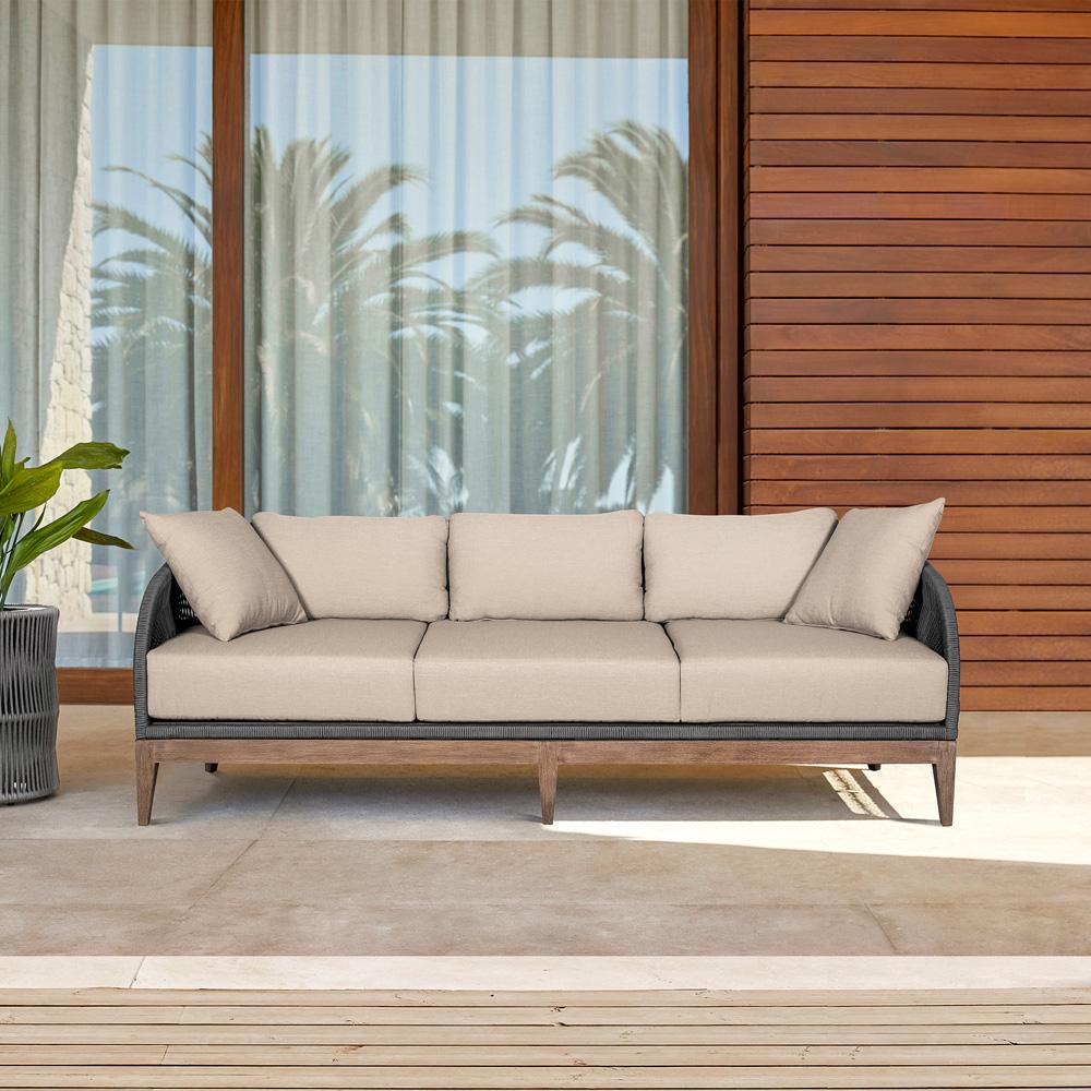 Armen Living - Orbit Outdoor Patio Sofa in Weathered Eucalyptus Wood with Gray Rope and Taupe Olefin Cushions - LCORSOEUCTP veiw 8
