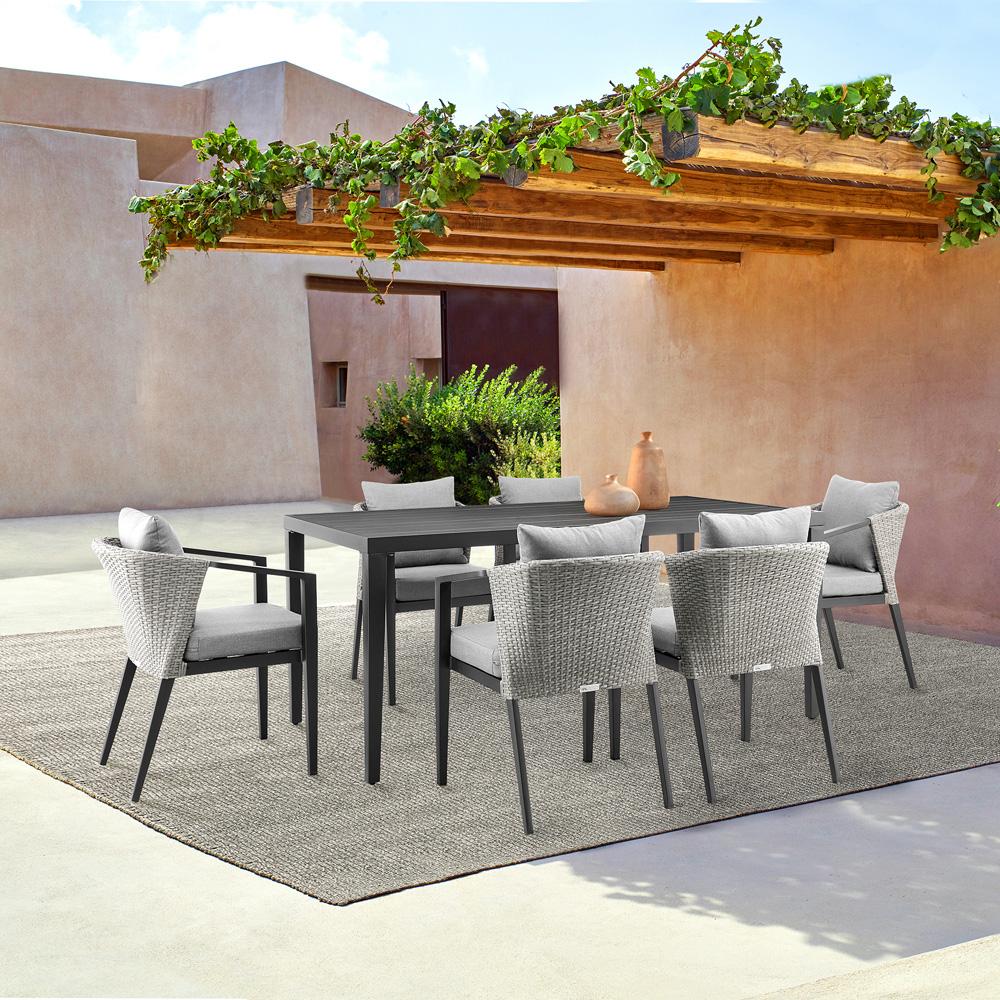 Armen Living - Palma Outdoor Patio 7-Piece Dining Table Set in Aluminum and Wicker with Gray Cushions - SETODDIBL veiw 8