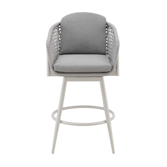 Armen Living - Rhodes Outdoor Patio Swivel Bar Stool in Aluminum with Light Gray Rope and Cushions - LCRHBALGRY30 veiw 2