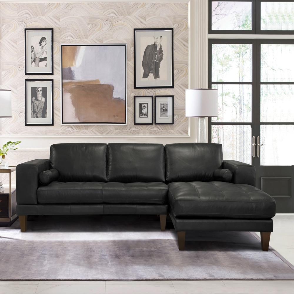 Armen Living - Wynne Contemporary Sectional in Genuine Black Leather with Brown Wood Legs - LCWYSEBLACK veiw 5