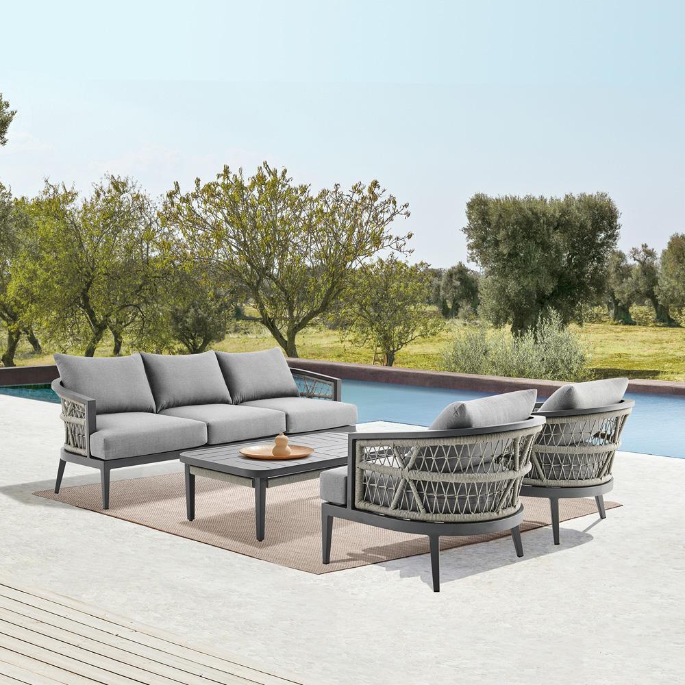 Armen Living - Zella Outdoor Patio 4 Piece Conversation Set in Aluminum with Light Gray Rope and Cushions - SETODZE4GRY veiw 8