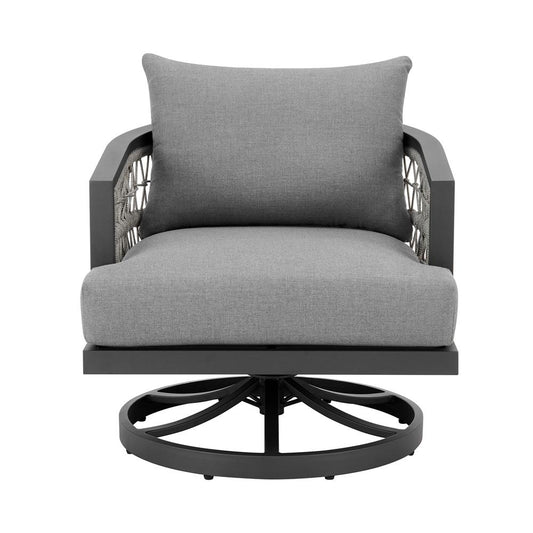 Armen Living - Zella Outdoor Patio Swivel Armchair in Aluminum with Light Gray Rope and Earl Gray Cushions - LCZESWCHGRY veiw 2