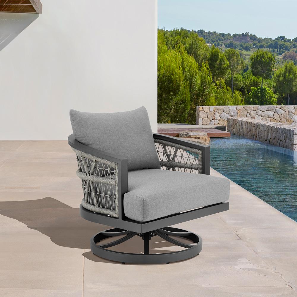 Armen Living - Zella Outdoor Patio Swivel Armchair in Aluminum with Light Gray Rope and Earl Gray Cushions - LCZESWCHGRY veiw 8