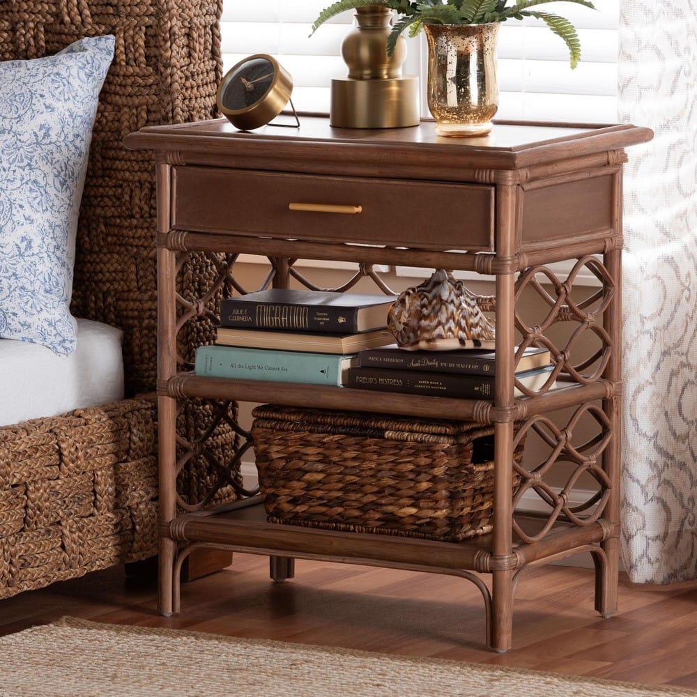 bali & pari - Akane Nightstand in Antique Brown - WS118A-Medium Knob-Antiqued Brown-Rattan-NS view 9