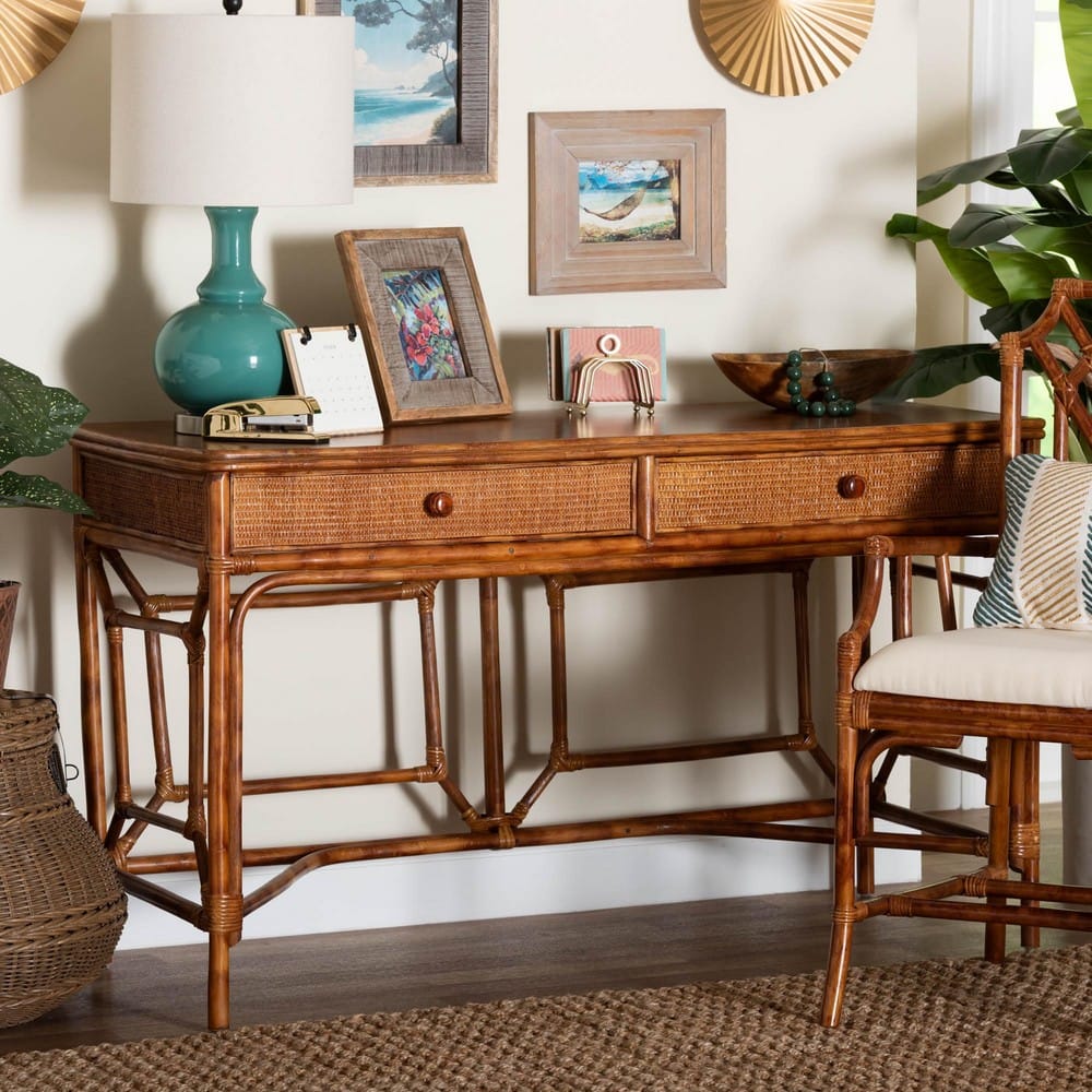bali & pari - Basile Desk in Marbled Tortoise Brown - WS223-Rattan/Tortoise-Desk view 9