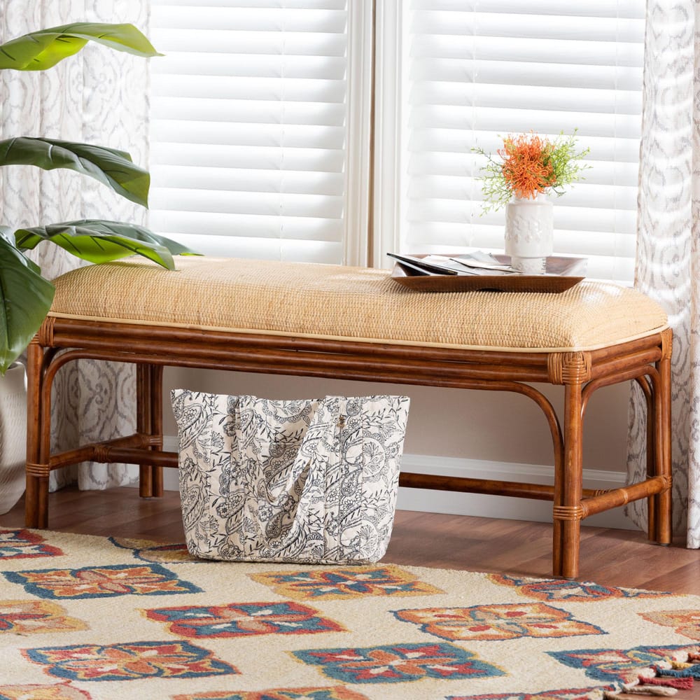 bali & pari - Belen Bench in Marbled Tortoise Brown/Natural Brown - WS191-Tortoise/Natural Rattan-Cushion-Bench view 6