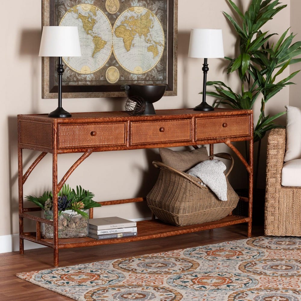 bali & pari - Brier Console Table in Marbled Tortoise Brown - Brier-Tortoise/Rattan-Console Table view 9