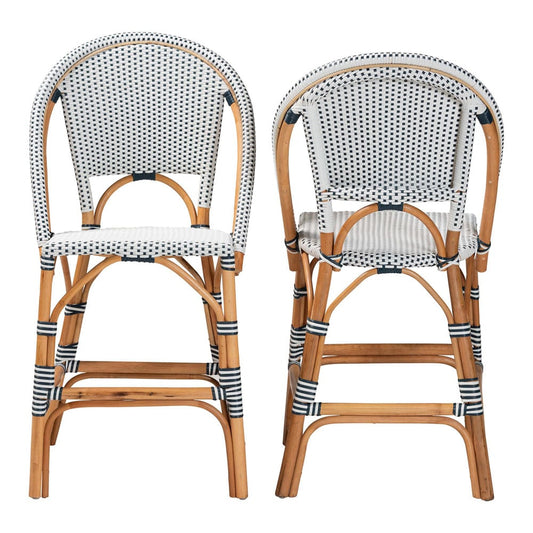 bali & pari - Genica Set of 2 Counter Stools in Navy Blue/White/Natural Rattan - DC613-Rattan-Navy/White-CS No Arm view 2