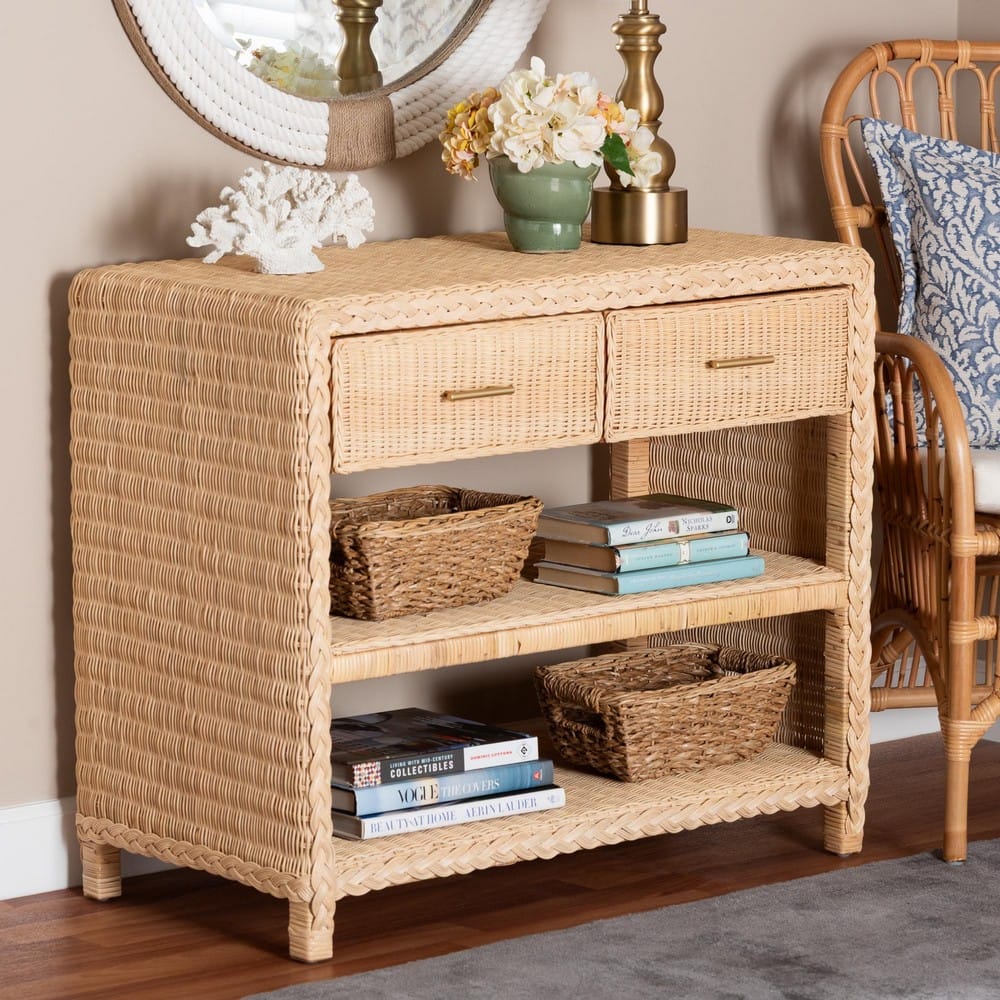 bali & pari - Lanica Console Table in Sun-bleached Rattan - Braided Sun Bleached Ivory Rattan-Version 2-Console Table view 9