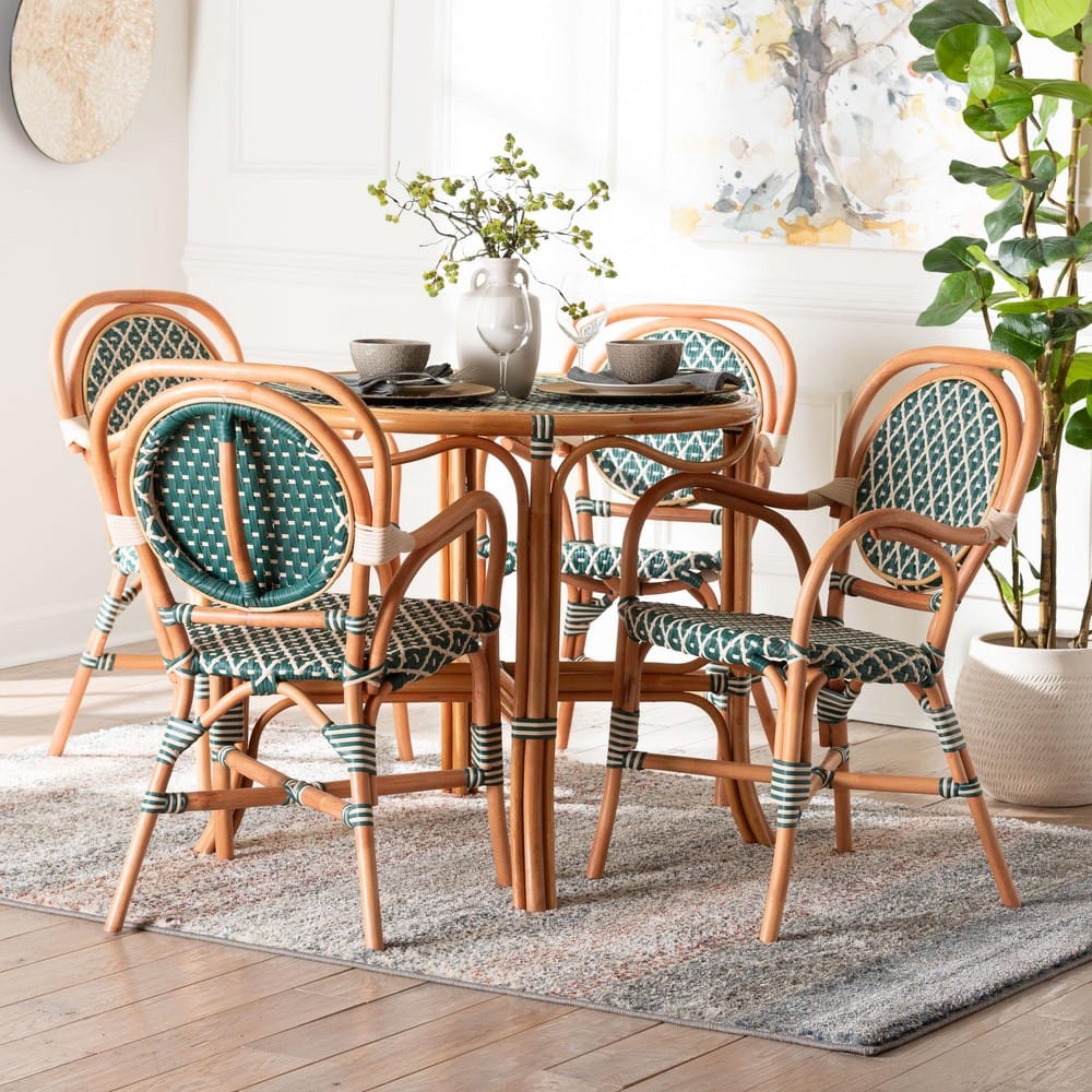 bali & pari - Mattie Dining Set in Natural Brown/Green/White - Mattie-Rattan-Green/White-5PC Dining Set view 8