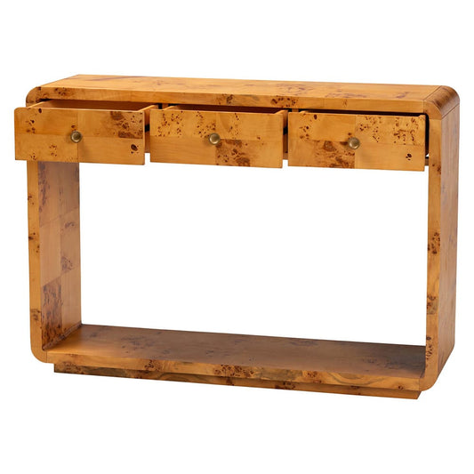 bali & pari - Netra Console Table in Light Mappa Burl - KL-1572-Natural Burl Op1-Ebony-3DW-Console Table-BOXED view 2