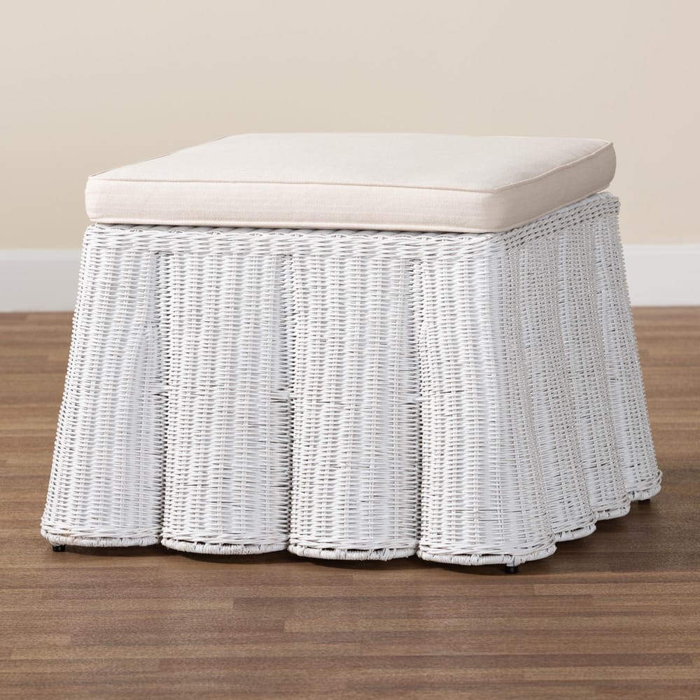bali & pari - Palm Ottoman in White - Palm-White Rattan-Ottoman w/ Cushion view 6