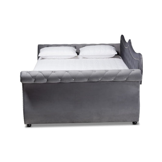 Baxton Studio - Abbie Queen Size Daybed in Grey - Abbie-Grey Velvet-Daybed-Queen view 2