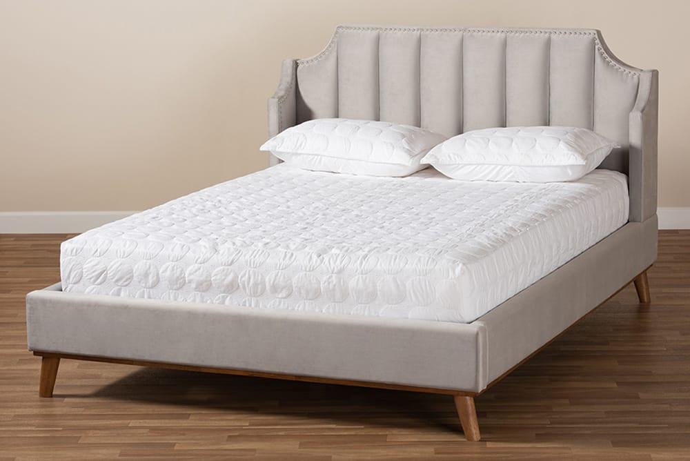 Baxton Studio - Adelie King Size Bed - BBT6928-Light Grey Velvet/Walnut-King view 7