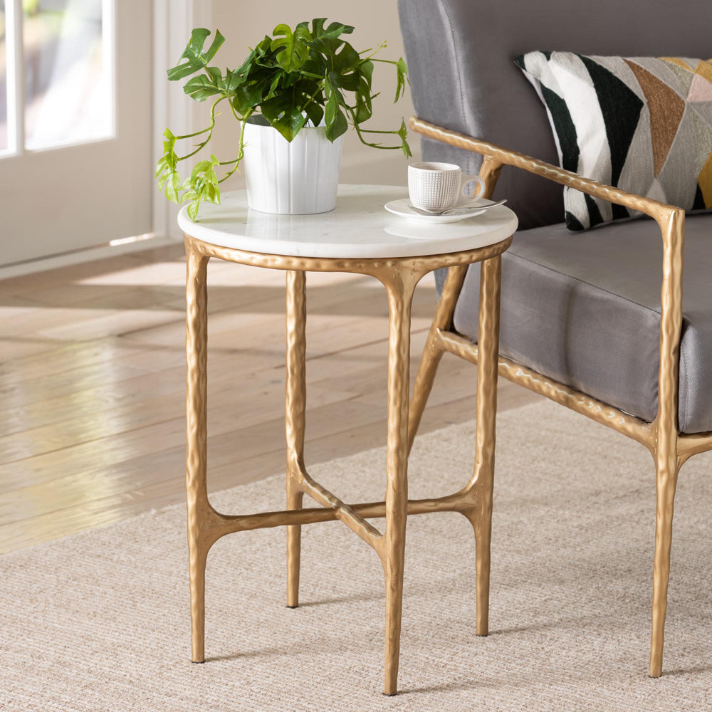 Baxton Studio - Akanji End Table in Marble White/Gold - FUR6895-Marble Top Hammer Iron-ET view 6