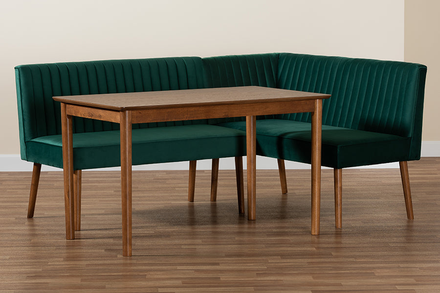 Baxton Studio - Alvis Dining Set in Emerald Green/Walnut Brown - BBT8063-Emerald Velvet/Walnut-3PC Dining Nook Set view 10