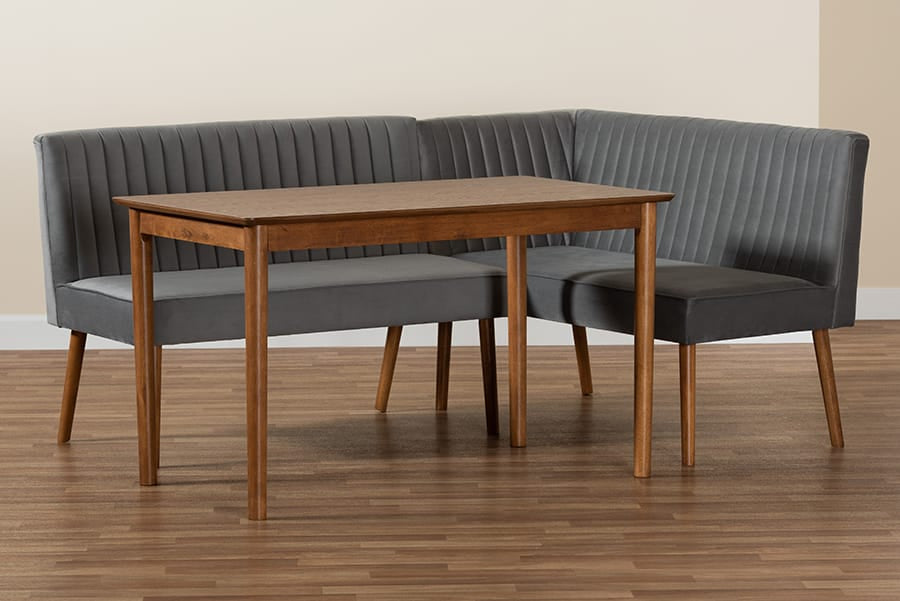 Baxton Studio - Alvis Dining Set in Grey/Walnut Brown - BBT8063-Grey Velvet/Walnut-3PC Dining Nook Set view 10