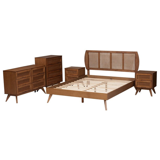 Baxton Studio - Asami Full Bedroom Set in Walnut Brown - Asami-Ash Walnut Rattan-Full 5PC Bedroom Set view 2