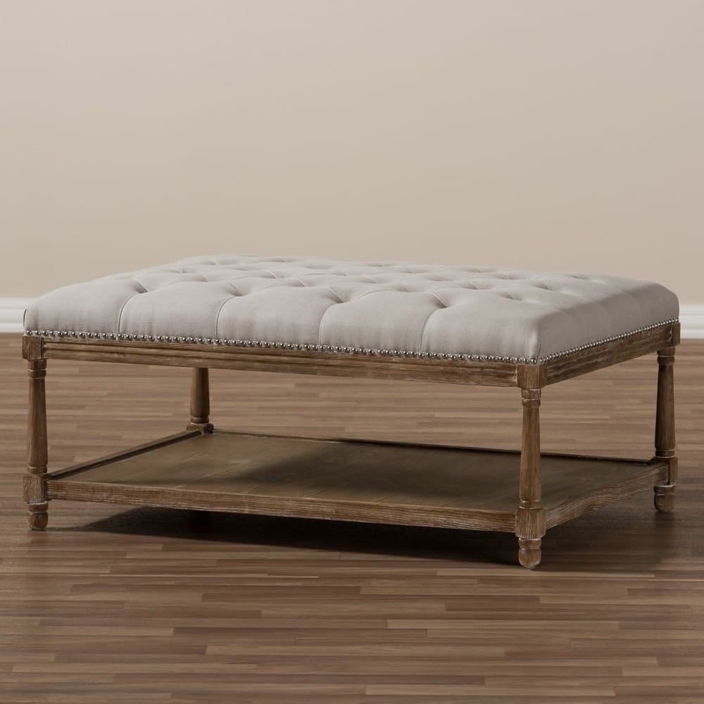 Baxton Studio - Carlotta Ottoman in Beige/Weathered Oak - TSF-9325-Beige-Otto view 7