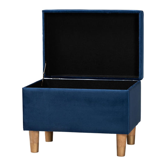 Baxton Studio - Elias Ottoman in Navy Blue/Oak Brown - JY20A250-Navy Velvet-Otto view 2