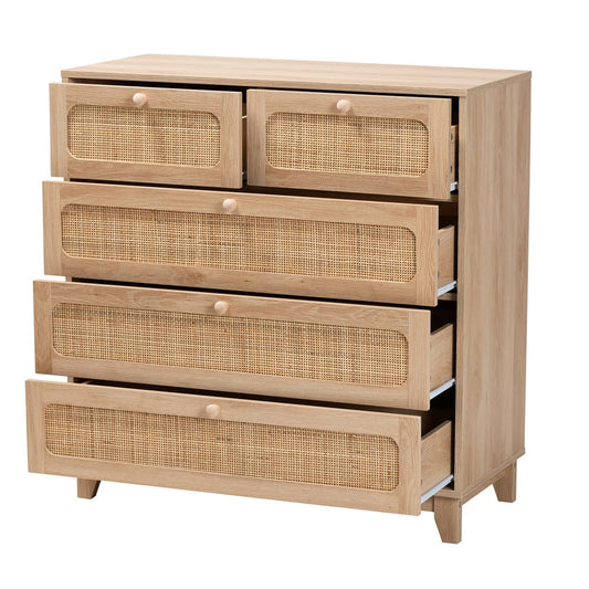 Baxton Studio - Elsbeth Storage Cabinet in Oak Brown/Natural Brown - LC22040704-Rattan-5DW Cabinet view 2
