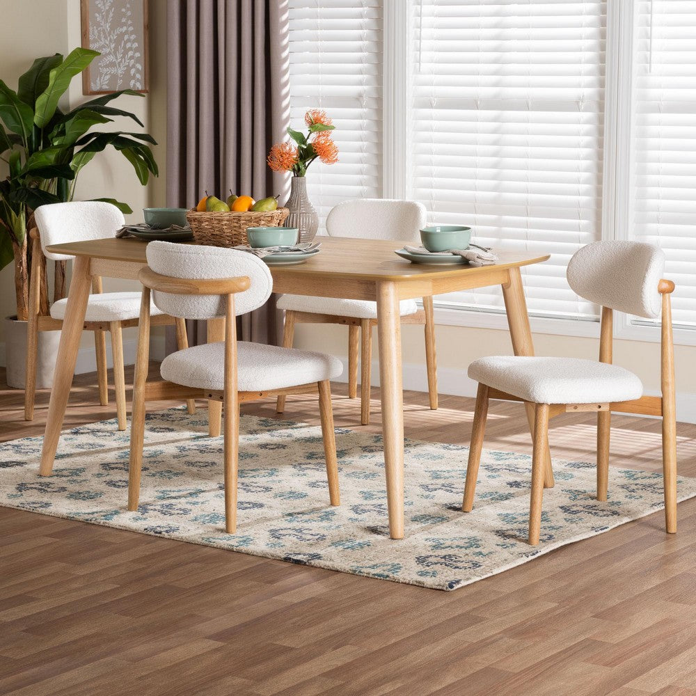 Baxton Studio - Emily Dining Set in White/Natural Brown - Emily-White Boucle/Natural-5PC Dining Set view 8