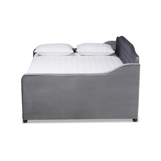 Baxton Studio - Freda Full Size Daybed in Grey - Freda-Grey Velvet-Daybed-Full view 2