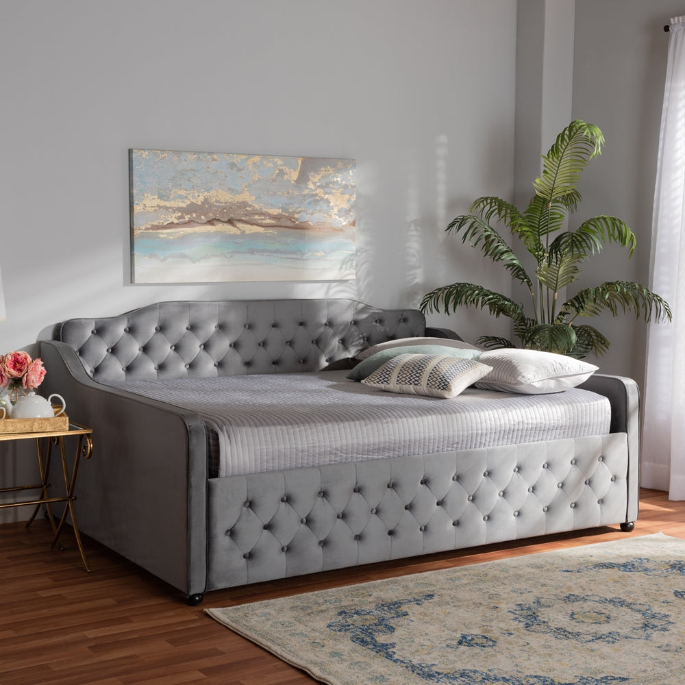Baxton Studio - Freda Full Size Daybed in Grey - Freda-Grey Velvet-Daybed-Full view 7