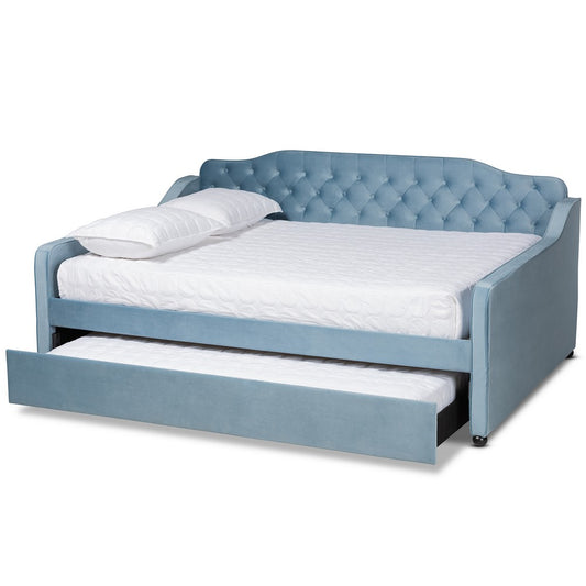 Baxton Studio - Freda Full Size Daybed with Trundle in Light blue - Freda-Light Blue Velvet-Daybed-F/T view 2