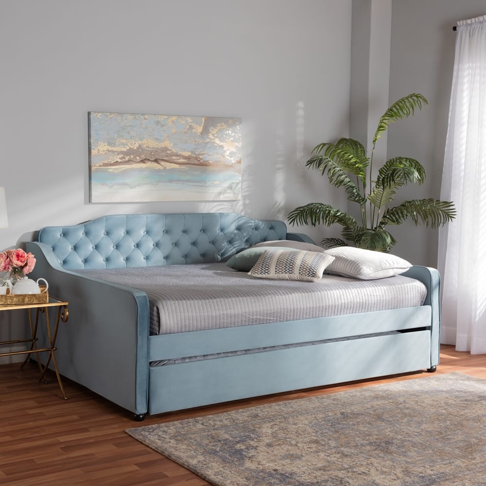 Baxton Studio - Freda Full Size Daybed with Trundle in Light blue - Freda-Light Blue Velvet-Daybed-F/T view 10
