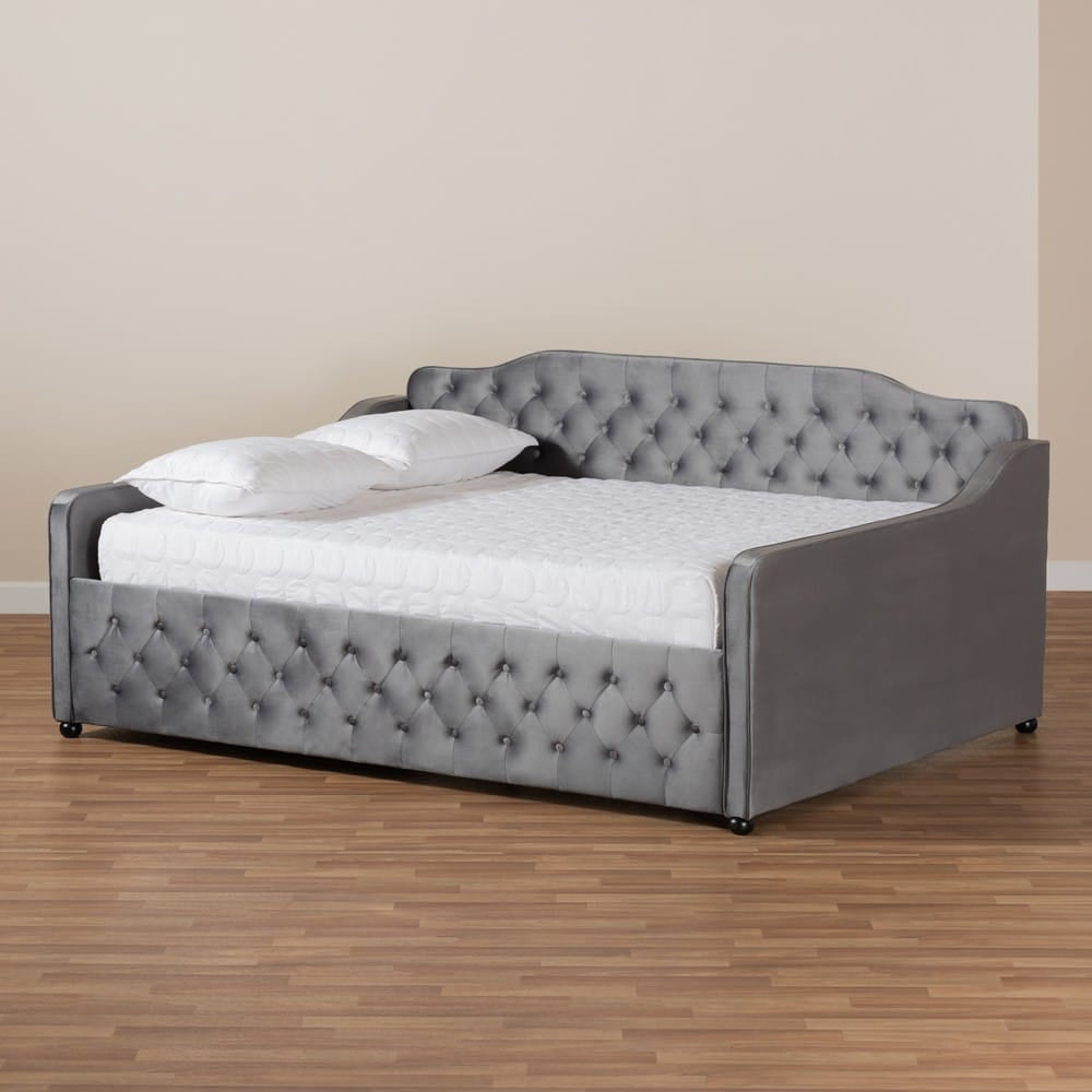 Baxton Studio - Freda Queen Size Daybed in Grey - Freda-Grey Velvet-Daybed-Queen view 7