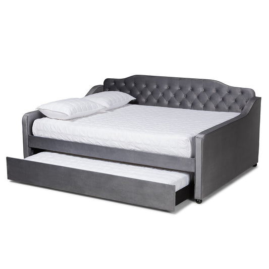 Baxton Studio - Freda Queen Size Daybed with Trundle in Grey - Freda-Grey Velvet-Daybed-Q/T view 2