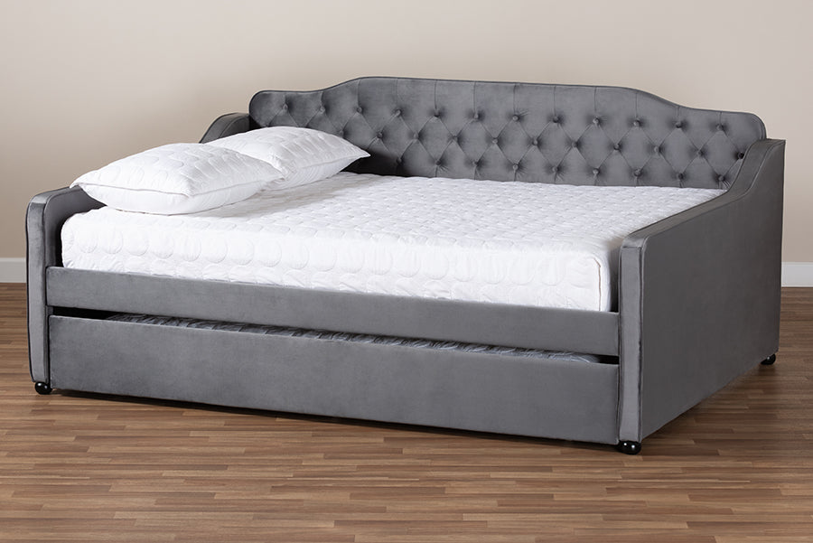 Baxton Studio - Freda Queen Size Daybed with Trundle in Grey - Freda-Grey Velvet-Daybed-Q/T view 10