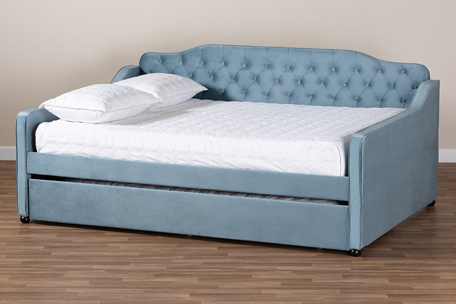 Baxton Studio - Freda Queen Size Daybed with Trundle in Light blue - Freda-Light Blue Velvet-Daybed-Q/T view 10