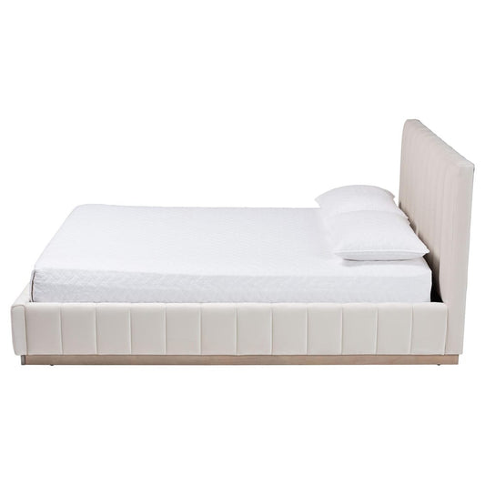 Baxton Studio - Granger Queen Size Bed in Alabaster White - BBT61347-Alabaster White Velvet/White Washed Oak-Queen view 2
