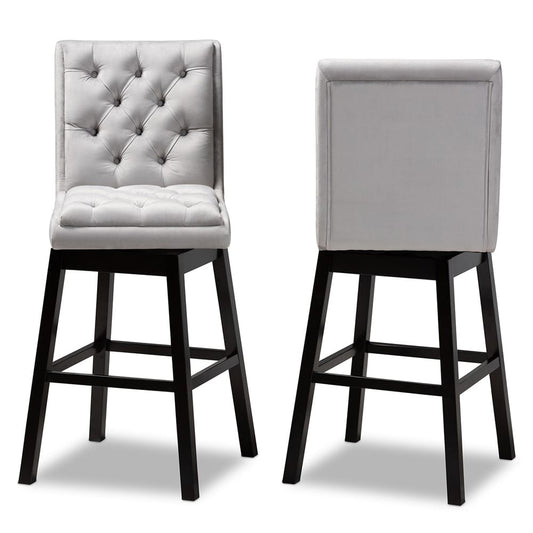 Baxton Studio - Gregory Set of 2 Bar Stools in Light Grey/ Dark Brown - BBT5372-Light Grey Velvet/Wenge-BS view 2