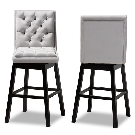 Baxton Studio - Gregory Set of 2 Bar Stools in Light Grey/ Dark Brown - BBT5372-Light Grey Velvet/Wenge-BS view 2