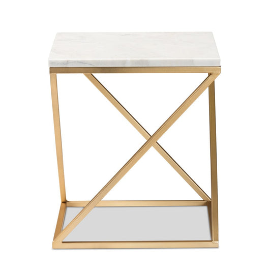 Baxton Studio - Hadley End Table in White/Gold - H01-94137-Metal/Marble Side Table view 2