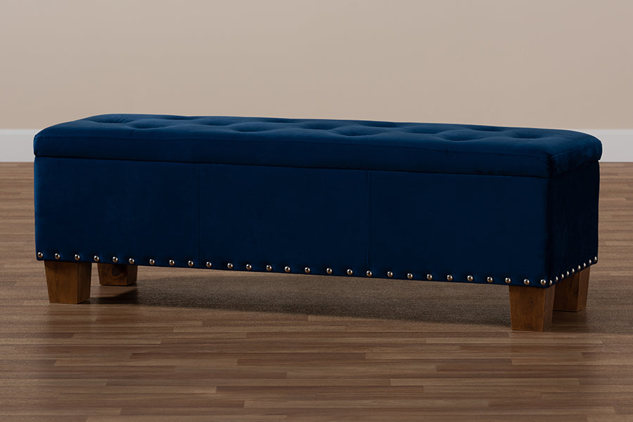 Baxton Studio - Hannah Storage Ottoman in Navy Blue/Brown - BBT3136-Navy Velvet/Walnut-Otto view 10
