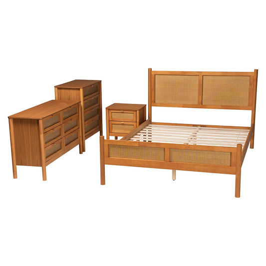 Baxton Studio - Jenn Queen Bedroom Set in Golden Brown/Distressed Rattan - Jenn-Distressed/NT Oak-Queen 4PC Bedroom Set view 2