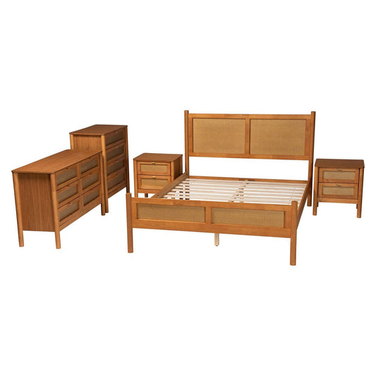 Baxton Studio - Jenn Queen Bedroom Set in Golden Brown/Distressed Rattan - Jenn-Distressed/NT Oak-Queen 5PC Bedroom Set view 2