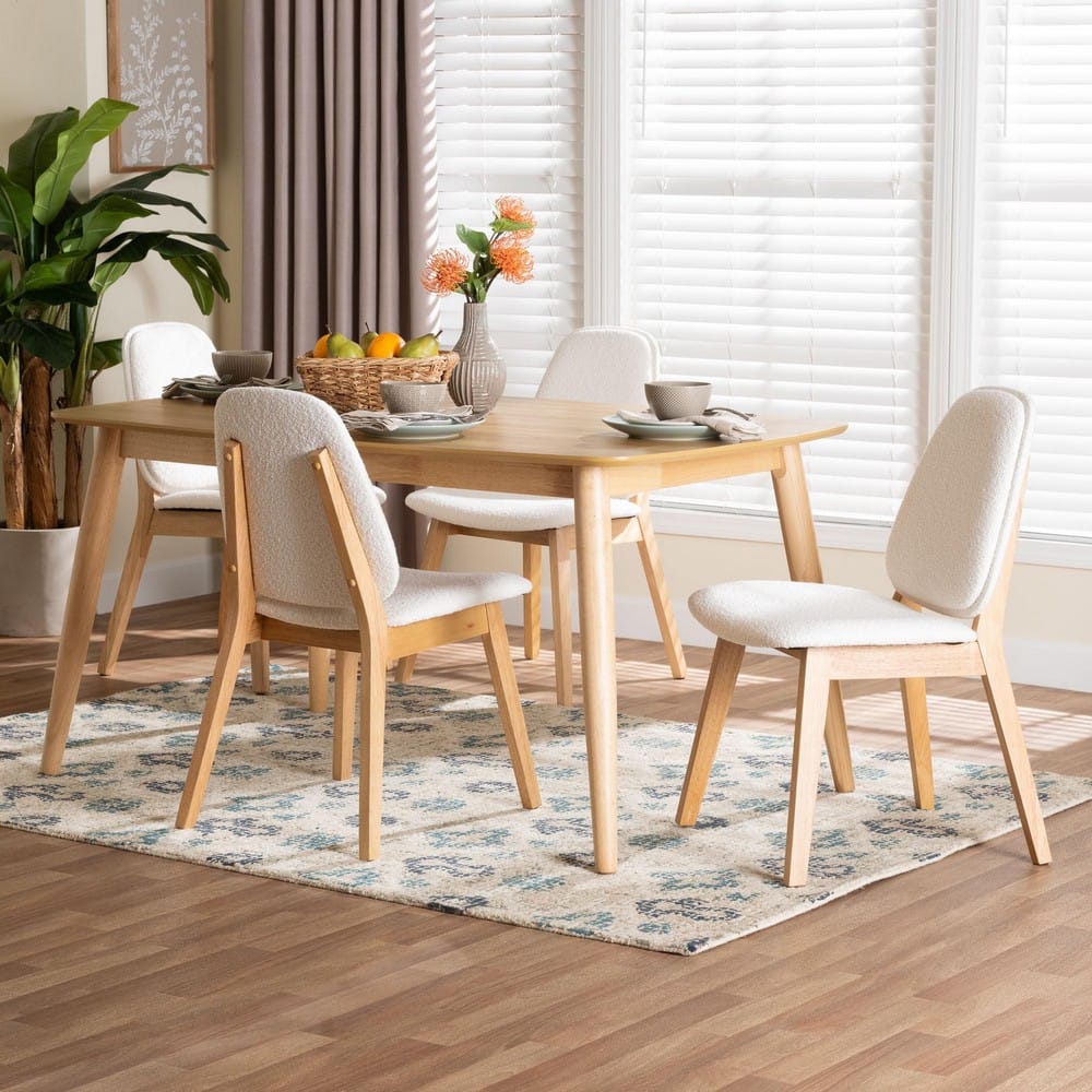 Baxton Studio - Jennica Dining Set in White/Natural Brown - Jennica-White Boucle/Natural-5PC Dining Set view 8