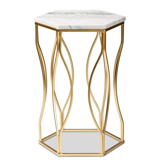 Baxton Studio - Kalena End Table in White/Gold - H01-97049-Metal/Marble Side Table view 2