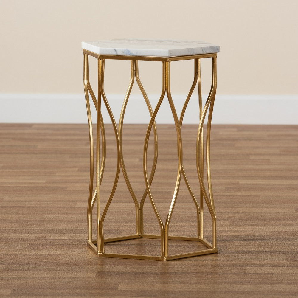 Baxton Studio - Kalena End Table in White/Gold - H01-97049-Metal/Marble Side Table view 7