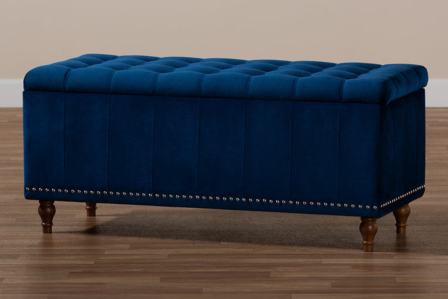 Baxton Studio - Kaylee Storage Ottoman in Navy Blue/Brown - BBT3137-Navy Velvet/Walnut-Otto view 10