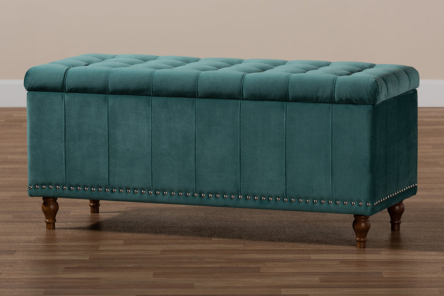 Baxton Studio - Kaylee Storage Ottoman in Teal Blue/Brown - BBT3137-Teal Velvet/Walnut-Otto view 10