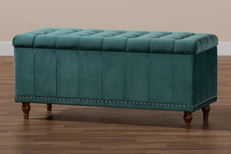 Baxton Studio - Kaylee Storage Ottoman in Teal Blue/Brown - BBT3137-Teal Velvet/Walnut-Otto view 10